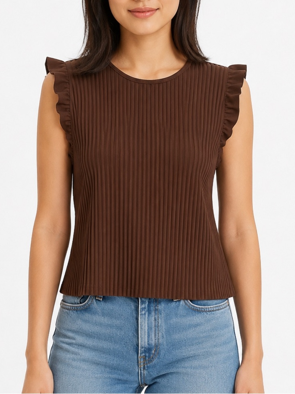 Marc New York Andrew Marc Brown Pleated Ruffle Sleeve Knit Casual Fall Top Large